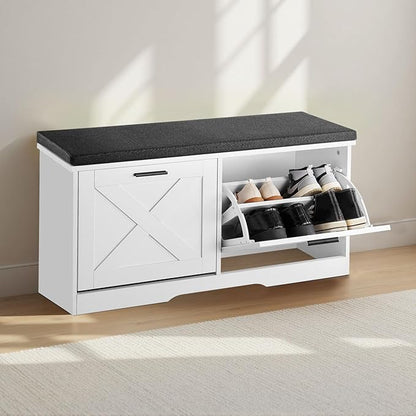 VEVOR Shoe Storage Bench with 2 Flip Drawers & Padded Cushion, Entryway Bench with Adjustable Shelves, Holds up to 440 lbs, 39.4 x 12.0 x 18.7 Inches, for Entryway, Hallway, Living Room, Bedroom