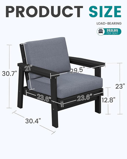 SERWALL Patio Furniture Set with 33” Fire Pit Table, HDPE Outdoor Sectional Sofa Set with Thickened Cushions, Black Frame with Grey Cushions