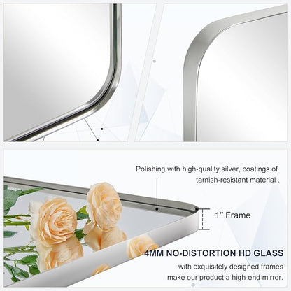 ANDY STAR Chrome Mirror for Bathroom, 24"x36" Metal Frame Wall Mirror with Rounded Corner, Modern Rectangle Bathroom Vanity Mirror with Polish Finish