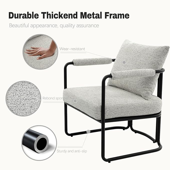 Accent Chairs Set of 2 for Living Room, Mid Century Modern Upholstered Reading Armchairs for Bedroom, Office, with Comfy Chenille Cushion & Metal Frame, Light Grey