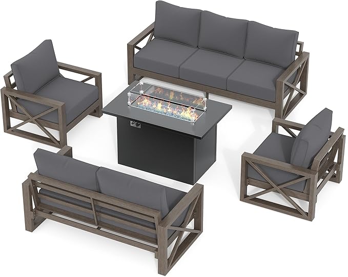 UDPATIO 5 Piece Aluminum Patio Furniture Set with Fire Pit Table,Faux Wood Patio Conversation Set with Olefin Fabric Thick Cushions, Aluminum Outdoor Furniture, 600D Waterproof Cover Included, Grey