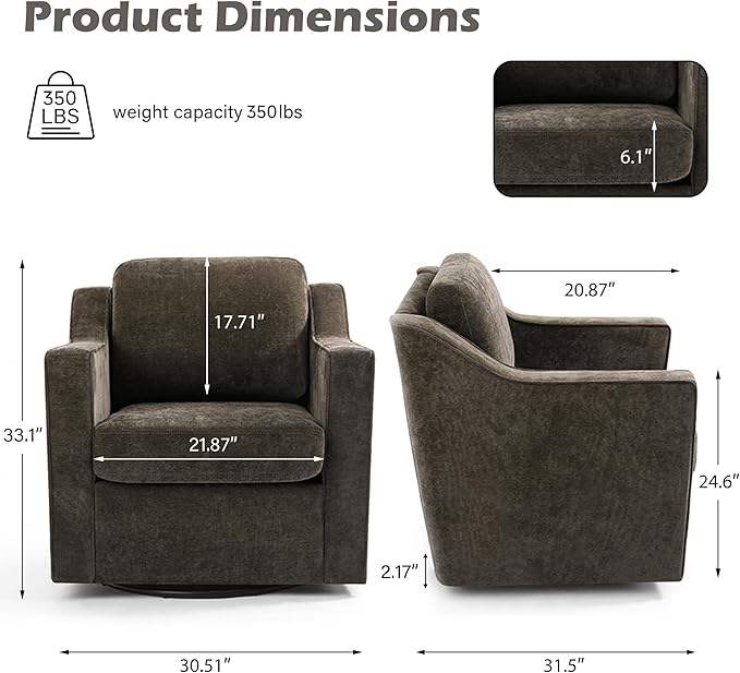 UIXE Swivel Accent Chair, Chenille Upholstered Arm Chair for Living Room, Modern Club Armchair Comfy Single Sofa Bedroom Reading Seat with Lumbar Pillow - Coffee