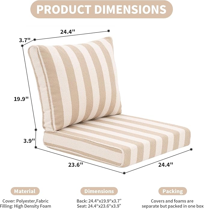 Outdoor Cushion Set for Patio Furniture Deep Seat Chair Cushions Sofa Chair Pad, 24.4x23.6 Inch, Khaki Stripe