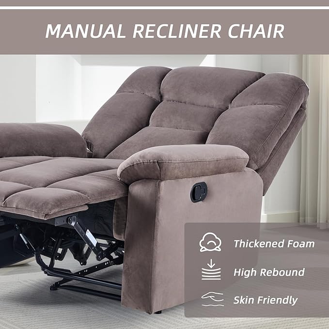 EBELLO Manual Recliner Chair for Adults with Soft Padded Headrest and Backrest, Overstuffed Single Recliner Sofa Chair for Living Room, Dark Brown