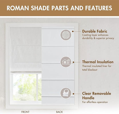 Madison Park Cordless Roman Shades, Total Blackout Window Blind Privacy Window Shades, Thermal Insulated Cordless Window Treatment for Bedroom, Living Room, Quincy, Single Panel 33" W X 64" H White