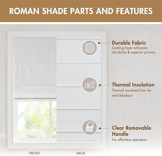 Madison Park Cordless Roman Shades, Total Blackout Window Blind Privacy Window Shades, Thermal Insulated Cordless Window Treatment for Bedroom, Living Room, Quincy, Single Panel 31" W X 64" H White