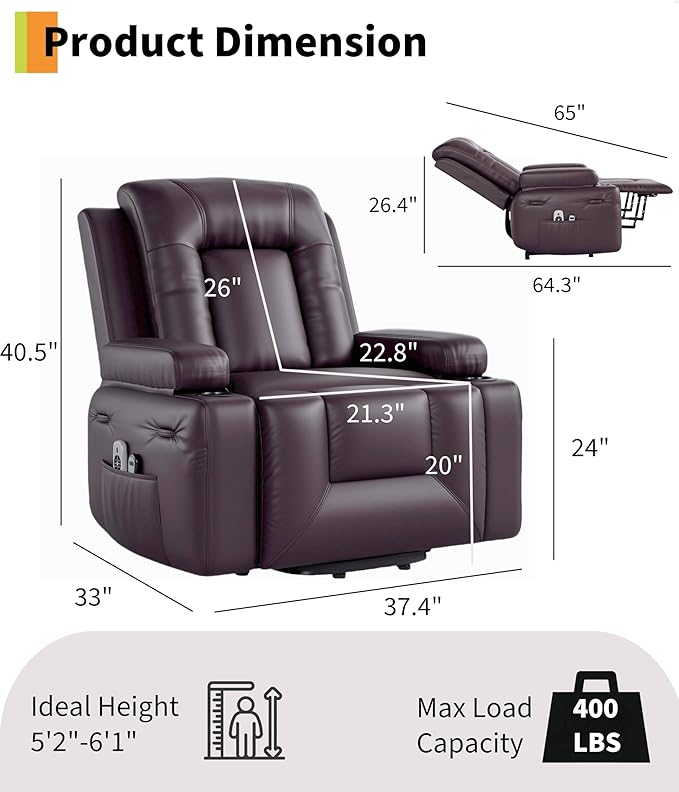 GarveeHome Power Lift Recliner Chair - Heat and Massage, PU Leather Electric Lift Recliner Chair for The Elderly, Adjustable Back and Legs, Designed for The Elderly and People with Mobility impaired