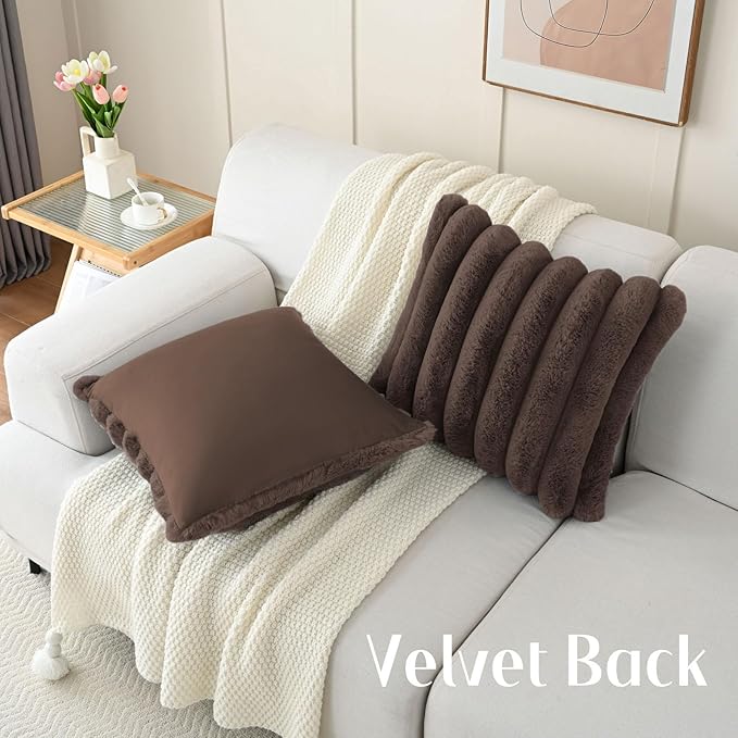 FUTEI Dark Coffee Decorative Throw Pillow Covers 24x24 Inch Set of 2, Square Soft Faux Rabbit Fur Big Striped Pillow Sham,Home Decor for Couch Sofa Bed Living Room
