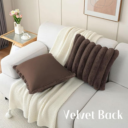 FUTEI Dark Coffee Decorative Throw Pillow Covers 26x26 Inch Set of 2, Square Soft Faux Rabbit Fur Big Striped Pillow Sham,Home Decor for Couch Sofa Bed Living Room