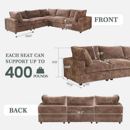Modular Sectional Couch, Convertible L Shaped Sofa for Living Room, Deep Seat Cloud Sectional Couch, 5 Seat Comfy Modular Sofa, Cushion Covers Removable, Brown