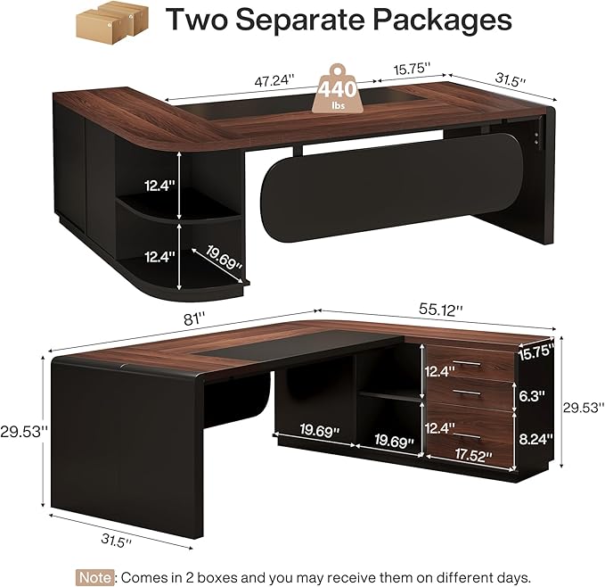 Tribesigns 81'' L-Shaped Executive Desk, Large Modern Office Desk with Drawers and File Cabinet for Home or Business Workspace, Computer Desk with Storage Shelves, Walnut & Black