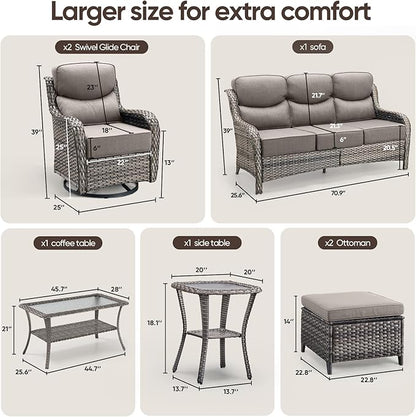 Swivel Patio Chairs sofa Set of 7 with 6" Thick Cushion - Wicker Outdoor Swivel Rocker Patio Chair ,Sofa/Glass coffee table, High Back Comfortable Outdoor Glider Chairs - Gery Wicker | Gery Cushions