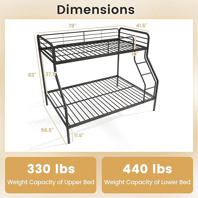 Giantex Metal Bunk Beds Twin Over Full Size, Heavy Duty Bunk Bed for Teens Adults with Ladder & Guardrails, Space Saving Metal Bunk Bed for Dorm, Bedroom, Apartment, No Box Spring Needed (Black)