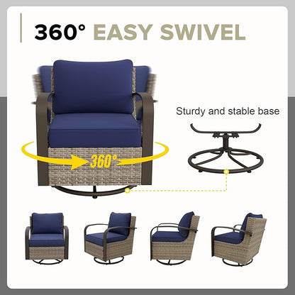 COOS BAY Aurora Terrace Half-Moon Outdoor Furniture Set, Rattan Conversation Set with Swivel Rockers, Curved 5-Seat Sofa, Coffee Table & Side Table, Seats 7, Beige/Blue