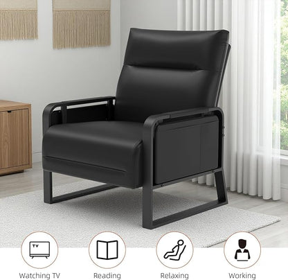 Upholstered Accent Chairs Set of 2, Modern Faux Leather Sofa Chairs with Foldable Side Tray Table & Storage Pocket, Small Accent Sofas for Living Room, Bedroom, Black