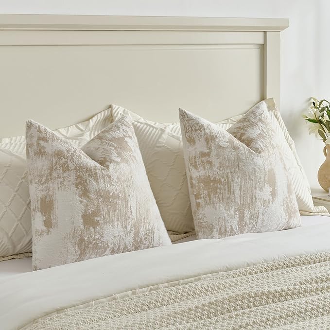 FUTEI Brown White Decorative Throw Pillow Covers 24x24 Inch Set of 2,Soft Faux Cashmere Jacquard - Textured & Cozy Euro Pillow Shams,Modern Home Decor for Couch Bed Living Room