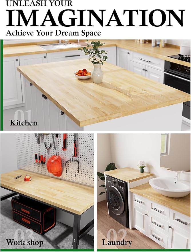 8FT Butcher Block Countertop Birch Solid Wood - 98" x 25" Table Top Butcher Block Cutting Board for Kitchen Island Cart Living Dining Office Desk Washer Dryer Countertop Replacement Unfinished 1.5" Th