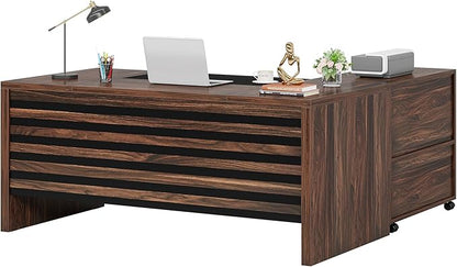 Tribesigns 62.2" Executive Desk with Mobile File Cabinet, L-Shaped Office Desk with Storage Shelves, Large Computer Table Business Workstation Set for Home Office, Dark Brown