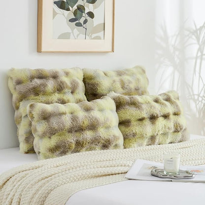 FUTEI Green White Decorative Throw Pillow Covers 16x16 Inch Set of 2,Soft Fuzzy Faux Rabbit Fur Cushion Covers with Raised Texture,Neutral Boho Home Decor for Couch Bed Living Room
