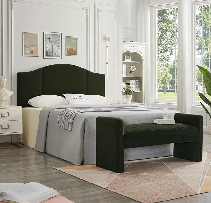24KF Middle Century Upholstered Foldable Queen Headboard, Modern Boucle Teddy Fabric Headboard Queen/Full 6033-Q-Dark Green