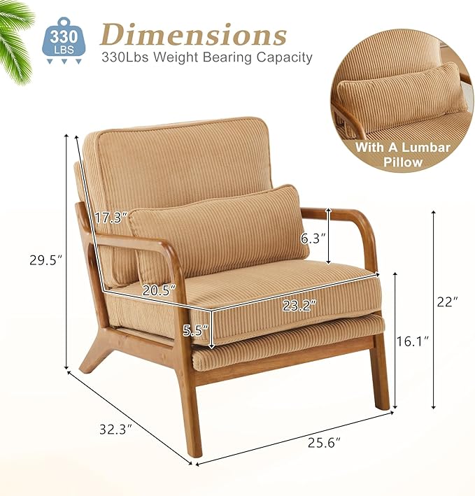 VINGLI Upgraded Premium Corduroy Accent Chairs Set of 2,Upholstered Arm Chair,Solid Wood Comfy Reading Chair with Lumbar Pillow, Mid Century Modern Chairs for Living Room,Bedroom,Khaki