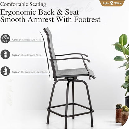 Sophia & William Swivel Bar Stools Set of 2, Bar Height Chairs, Outdoor Bar Chairs, High Top Patio Chairs, Supports 300 lbs (Grey Fabric)