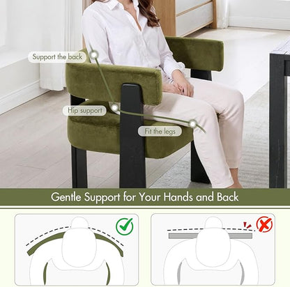 Modern Dining Chairs Set of 2, Upholstered Velvet Barrel Accent Chairs with Backrest & Arms, Wide and Thicker Padded Kitchen Side Chair with Wooden Legs for Dining Room, Livingroom, Dark Green