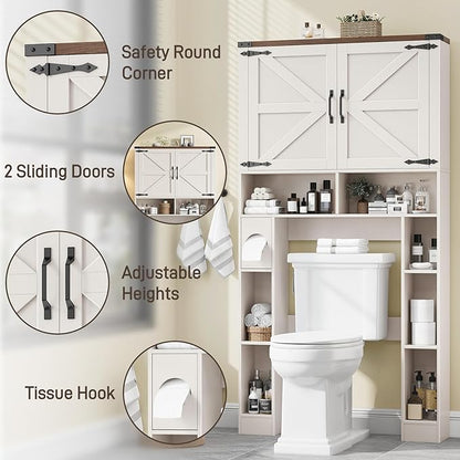 Over The Toilet Storage Cabinet, Farmhouse Storage Cabinet Over Toilet with 2 Barn Doors ，Toilet Paper Holder Stand，Home Space-Saving Toilet Rack, for Laundry, Restroom, Bathroom