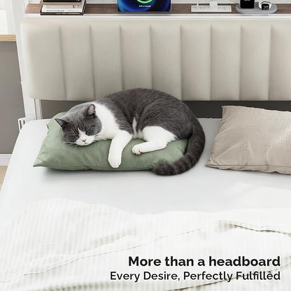 VINGLI King Size Headboard Only, Adjustable Upholstered Headboard with 3 Tier Shelves and Pegboard with Charging Stations and LED Lights, Modern Bed Headboard with Storage for Bedroom Decor