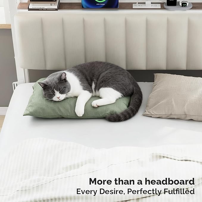 VINGLI Full Size Headboard Only, Adjustable Upholstered Headboard with 3 Tier Shelves and Pegboard with Charging Stations and LED Lights, Modern Bed Headboard with Storage for Bedroom Decor