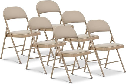 Oline Vinyl Folding Chairs, Padded Vinyl Cushion Chairs with Durable Metal Frame, Indoor Outdoor Stackable Foldable Guest Chairs for Office Wedding Kitchen Dining, 300lb Capacity (Khaki, 6 Pack)