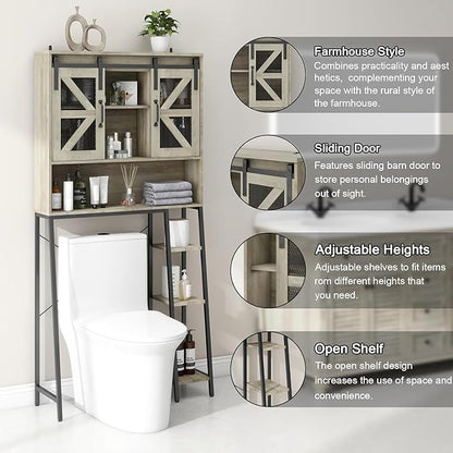 Over The Toilet Storage Cabinet, Farmhouse Storage Cabinet Over Toilet with 2 Sliding Barn Door，Home Space-Saving Toilet Rack, for Bathroom, Restroom, Laundry.(Grey)