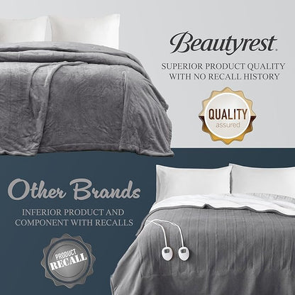 Beautyrest Heated Electric Blanket for Cold Weather, Fast Heating Heated Blanket, Auto Shut Off, Virtually Zero EMF, Multi Heat Setting, UL Certified, Grey Twin (84 inx62 in)