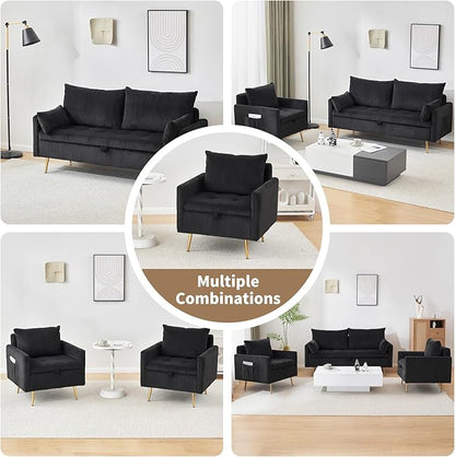 Furnimart 2-Seater Storage Loveseat for Small Spaces, 62“ Corduroy Couch with Removable Cushion Cover and Metal Leg for Bedroom, Apartment, Tiny Homes and Lofts, Black