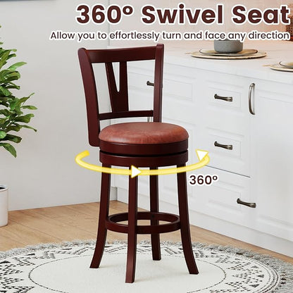 COSTWAY Barstools Set of 4, Faux Leather Upholstered Bar Stools with High Backs and Footrests, Armless Kitchen Island Dining Chairs with Solid Wood Legs, Cappuccino (4, 26'' Seat Height)