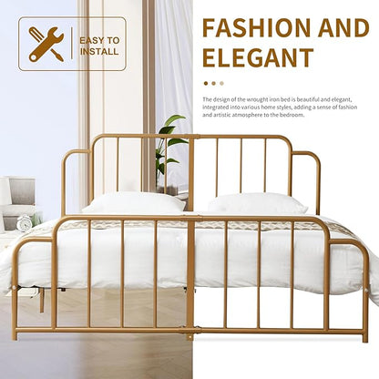 PINJU Metal Platform Bed Frame with Headboard and Footboard, Classic Style, Sturdy Metal Slats, No Box Spring Needed, Easy Installation (Gold, King)