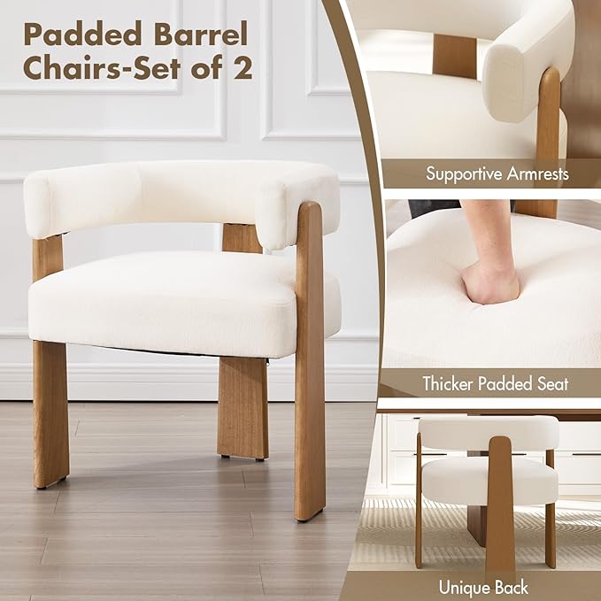Upholstered White Velvet Dining Chairs Set of 2, Boho Modern Barrel Accent Armchairs, Thick Padded Seat & Natural Wooden Legs, Mid Century Inspired Kitchen/Dining Room Chairs, Creamy White