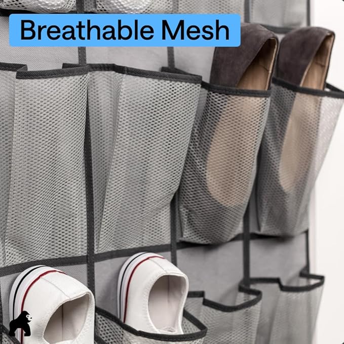 GORILLA GRIP Over the Door Shoe Organizer, 35 Large Breathable Mesh Pockets, Space Saving Hanging Storage Holder, 5 Hook Closet Rack Hanger, Hangs on Closets for Shoes, Accessories 68.5H x 24.5W Gray