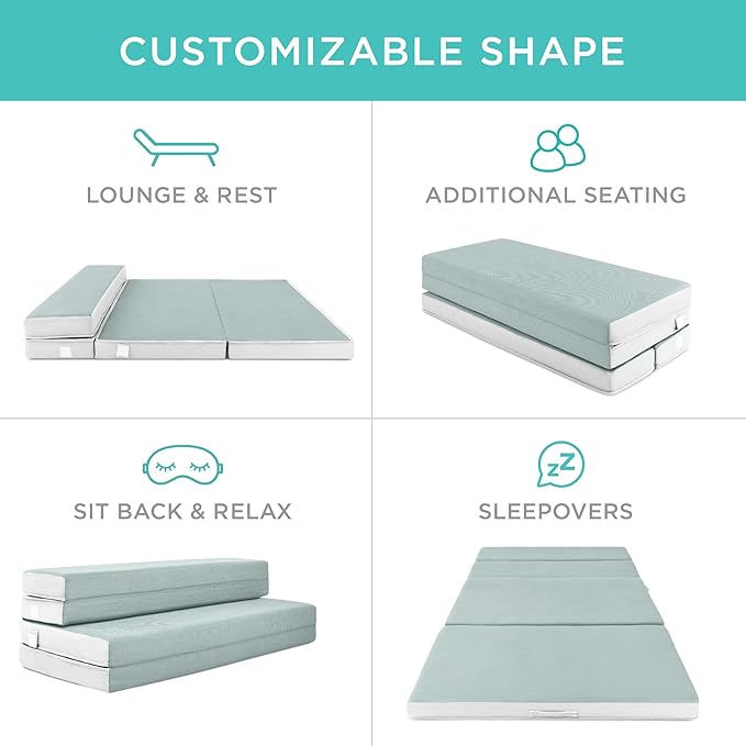 Best Choice Products 4in Portable Twin-Size Mattress, Tri-Fold Mattress for Camping, Guest, Toddler, Foam Plush w/Carry Case - Seafoam