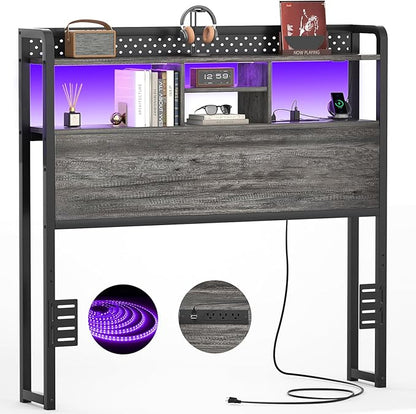 Unikito Headboard for Twin Size Bed with Storage Shelf, Head Board with 3 Outlets and 2 USB Ports, Headboards with RGB LED Light, Height Adjustable, Sturdy and Stable, Easy Assembly, Black Oak