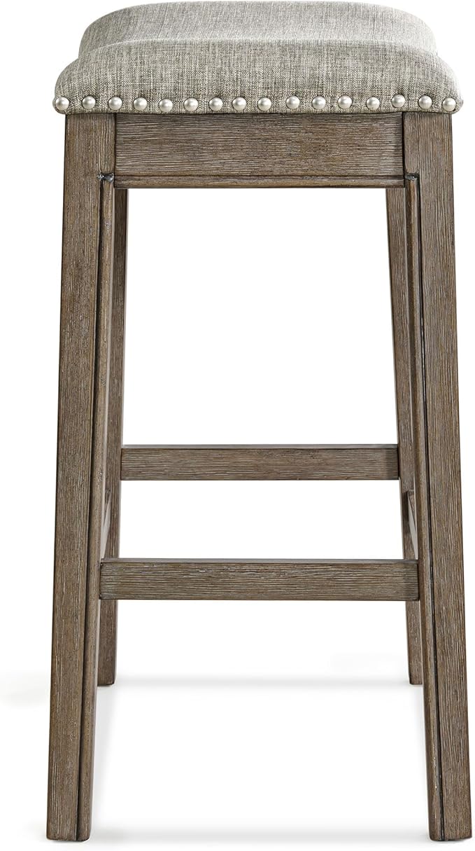 ROME + OAK Parker 26 Inch Counter Stool, Backless Saddle Kitchen Barstool in Walnut Finish with Grey Fabric Upholstery Cushion Seat