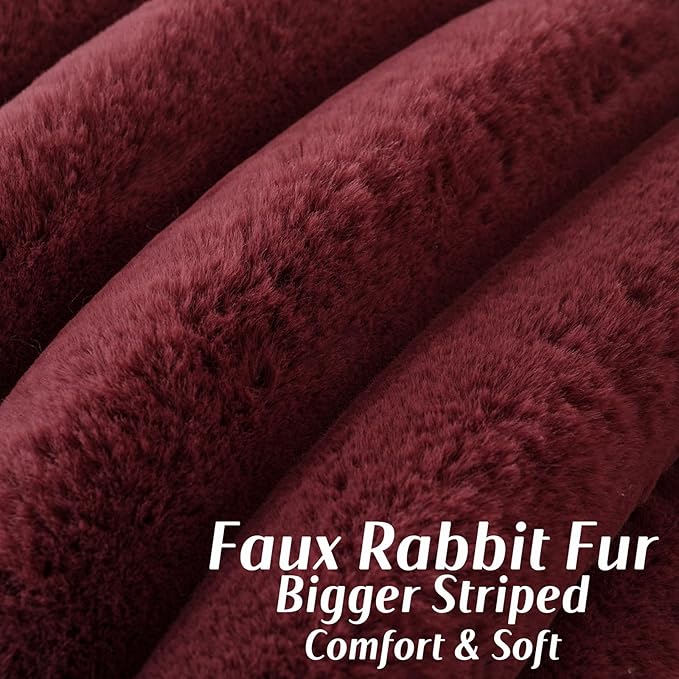 FUTEI Christmas Burgundy Decorative Throw Pillow Covers 26x26 Inch Set of 2, Square Soft Faux Rabbit Fur Thick Striped Euro Pillow Shams,Winter Home Decor for Couch Bed Living Room