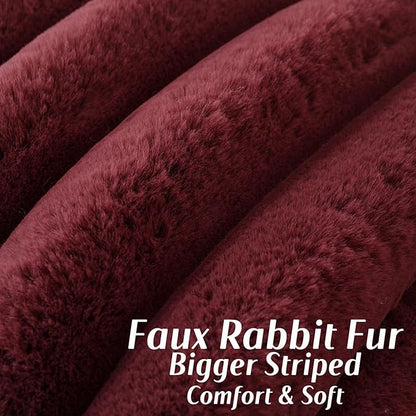 FUTEI Christmas Burgundy Decorative Throw Pillow Covers 20x20 Inch Set of 2, Square Soft Faux Rabbit Fur Thick Striped Cushion Cover,Winter Home Decor for Couch Bed Living Room