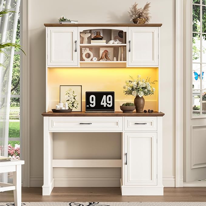 Farmhouse 47" Executive Desk with Hutch, 2 Drawers and LED Light, Computer Desk with Storage Cabinet and Charging Station,Workstation for Home Office and Study.Unique White