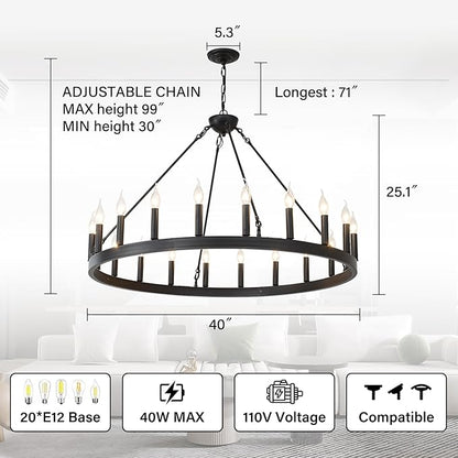 Black Wagon Wheel Chandelier 40 inch,20-Light Farmhouse Wagon Wheel Chandeliers Round Industrial Ceiling Light fixtures for Outdoor Porch high Ceilings Living Dining Room Foyer Entryway