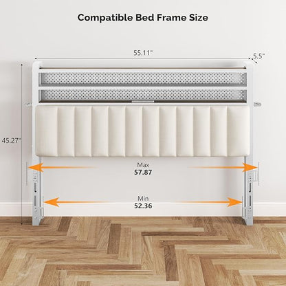 VINGLI Full Size Headboard Only, Adjustable Upholstered Headboard with 3 Tier Shelves and Pegboard with Charging Stations and LED Lights, Modern Bed Headboard with Storage for Bedroom Decor