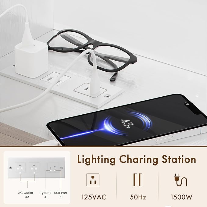 Apicizon 65" Queen Size Storage Headboard, Wood Headboard with Charging Station, Queen with Power Outlets, Ajustable LED Lights for Bedroom, White