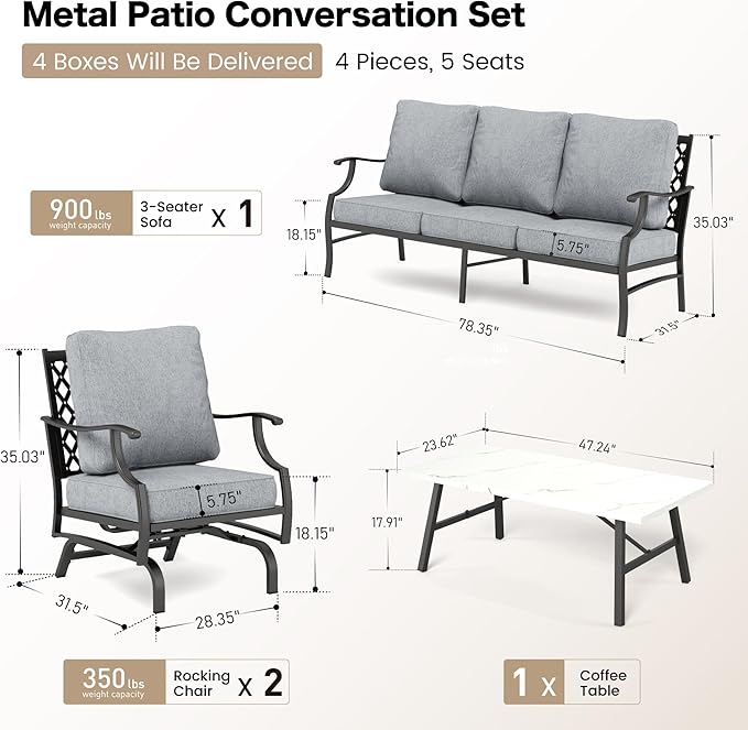 7 Piece Metal Outdoor Patio Furniture Set, Patio Conversation Sets 3-seater Sofa, 2 Rocking Chair, 2 Ottomans with 5.75" Thick Cushion, Black All-weather Frame Backyard Furniture, Gray