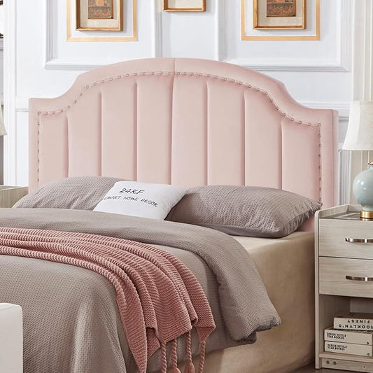 24KF Velvet Fabric Upholstered Queen/Full Headboard with Nail Trims,Modern Vertical Channel Design with Curved Headboard, 6052-Q-Pink