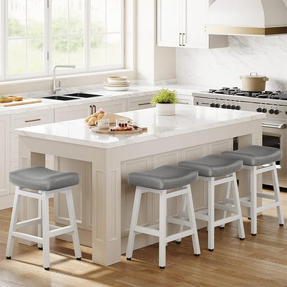 Counter Height Bar Stools Set of 2, 24 Inch Barstools for Kitchen Counter, Kitchen Stools with Bonded Leather Saddle Seats & Heavy Duty Metal Legs, Easy Assembly, Gray/White